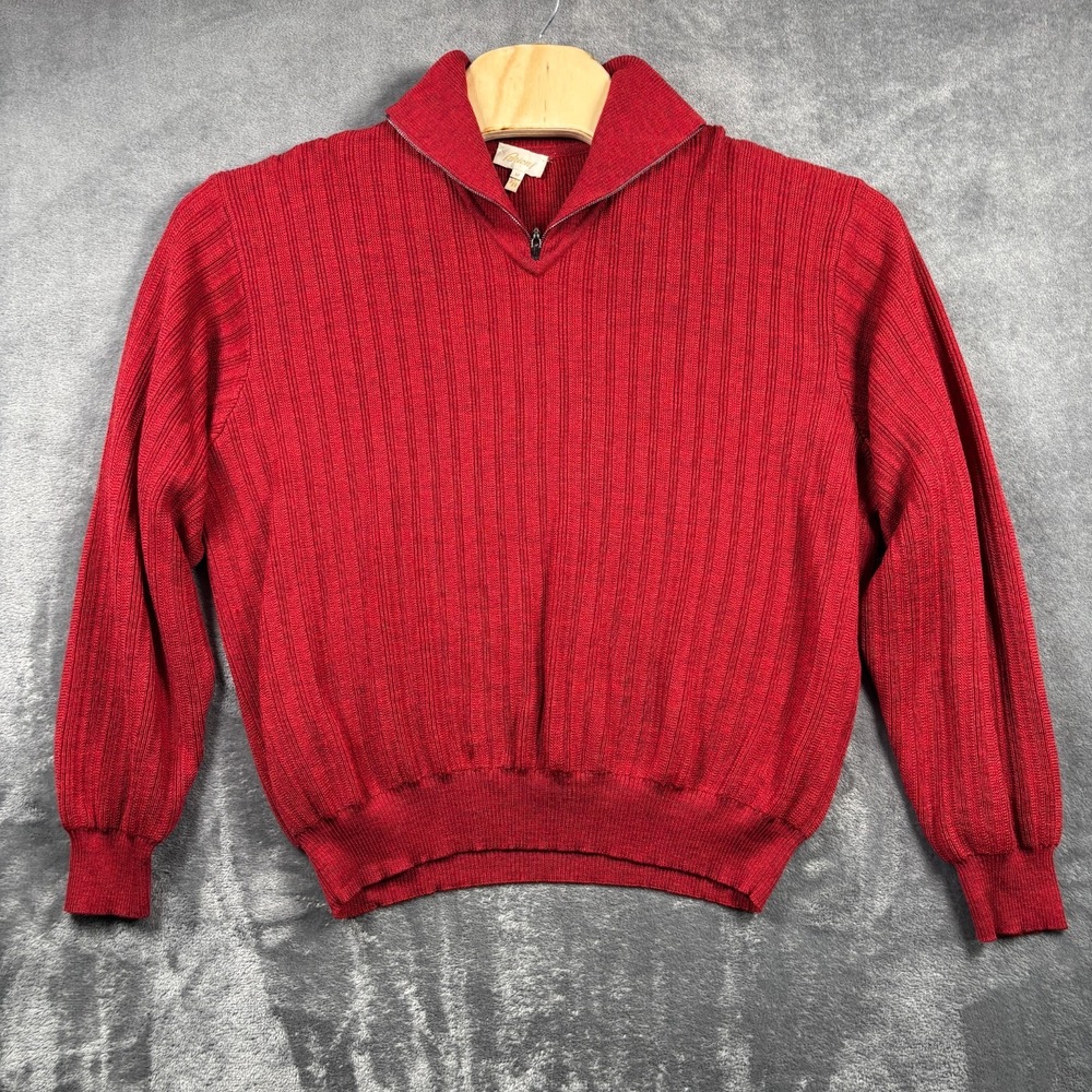 Brioni Sweater Mens Medium Red 100% Wool Ribbed Quarter Zip Made in Italy